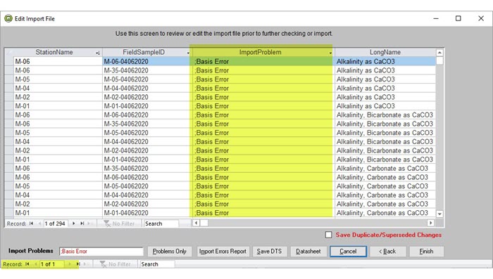 Edit Import File form showing errors in the ImportProblem field.