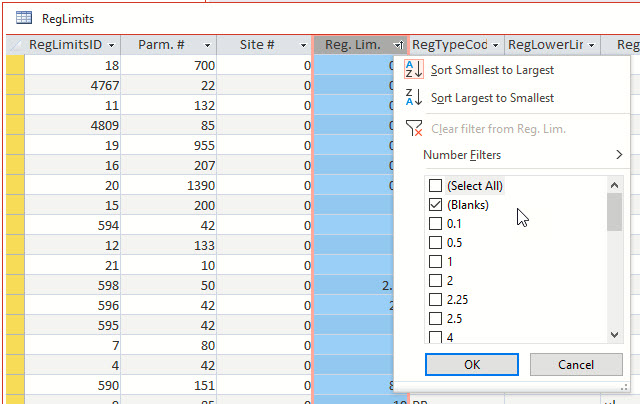 reg limits filter for blank